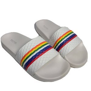 Michael Kors Women Slide Sandals MK Gilmore white rainbow logo Pool PU sz 8 new
